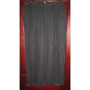 FLAX L 100% Linen Pants Slacks Pull On Elastic Waist Pockets Black Wide Cropped